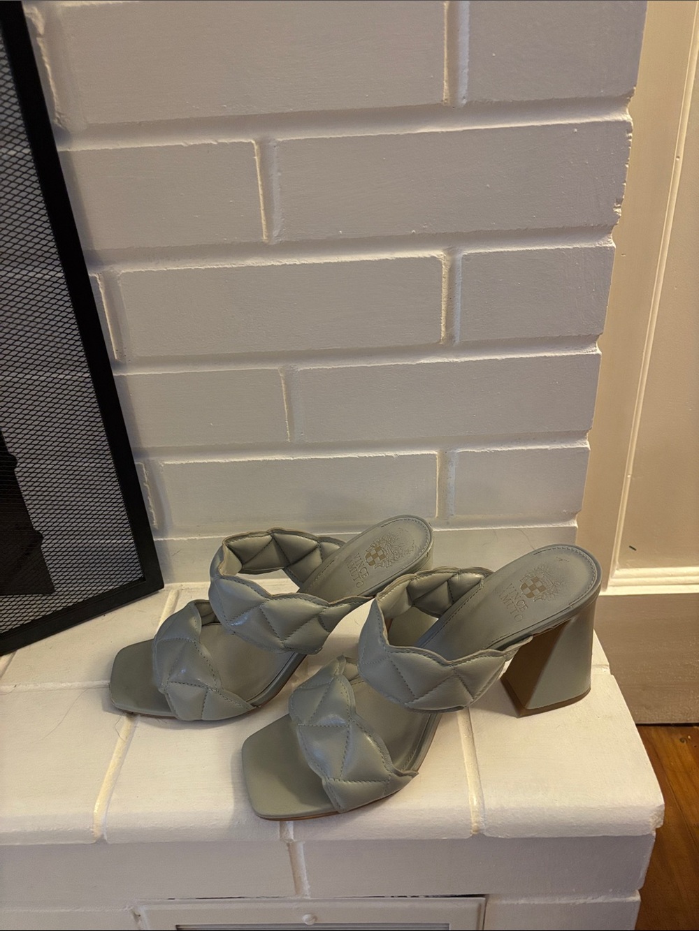 Quilted Strap Block Heel Sandals in Light Blue/ Gray